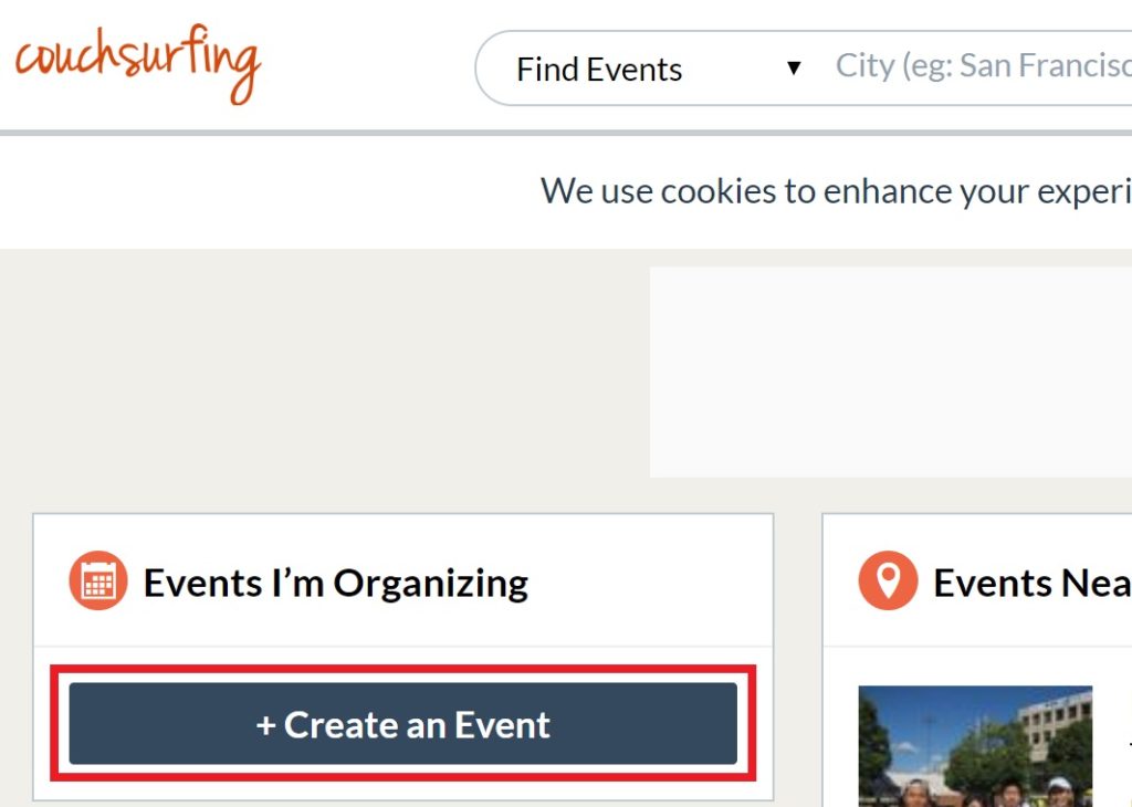 カウチサーフィンEvents内+Create an Event